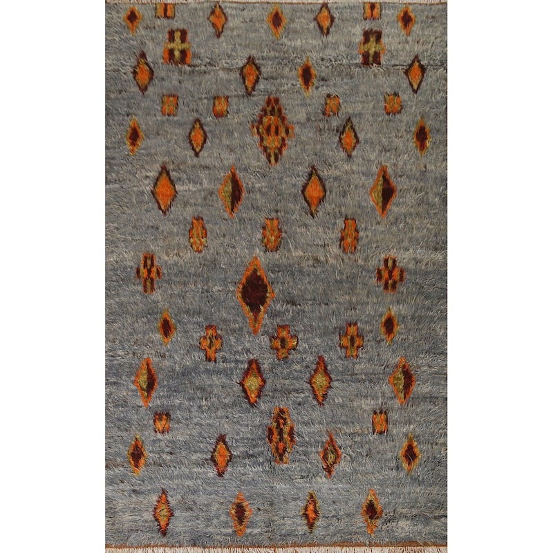 Hand Knotted Oriental 100% Wool Carpet Modern Tribal Navy Blue & Blues Moroccan Area Rug - 9' 9'' X 6' 4''