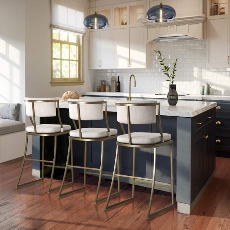 Beige Upholstered Steel Counter Bar Stool with Low Back and Footrest