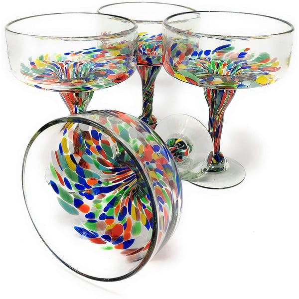 Dos Suenos Mexican Hand Blown Glass - Set of 4 Hand Blown Margarita Glasses Confetti Carmen (16 oz)