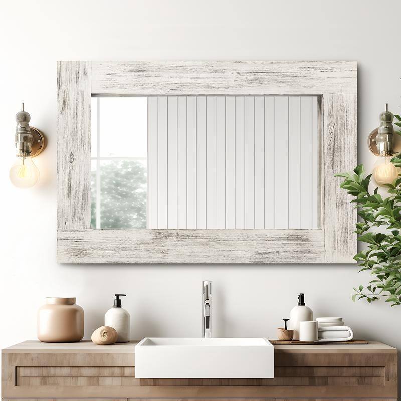 Rectangular Farmhouse Bathroom Mirror with Solid Wood Frame Rustic Wall Mounted for Bedroom Living Room Entryway Wall Decor - 36" x 24" - Weathered White