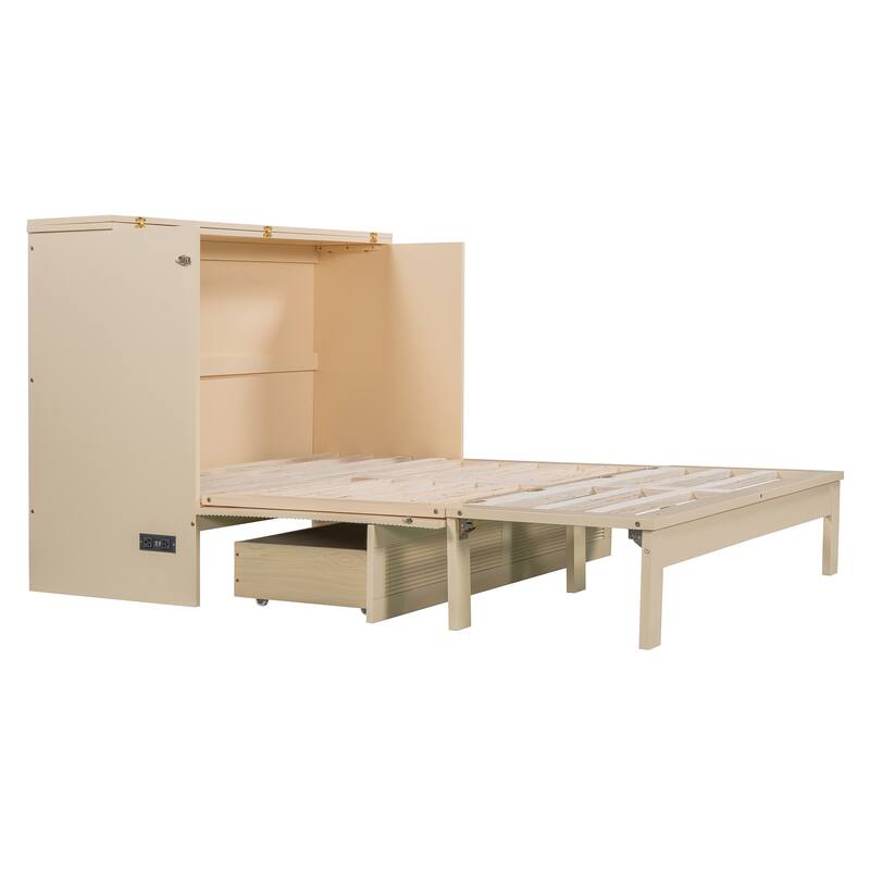 Modern Full Murphy Bed with Smooth Pulley Design, Storage Drawers, Sockets & USB Ports for Compact Living