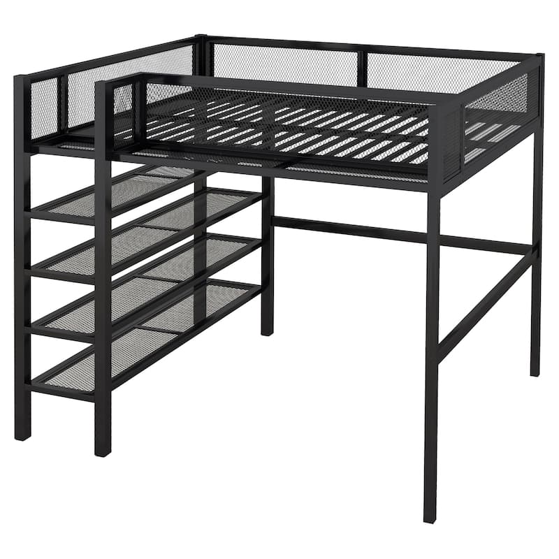 Metal Loft Bed with Shelves, Workstation, Guardrail