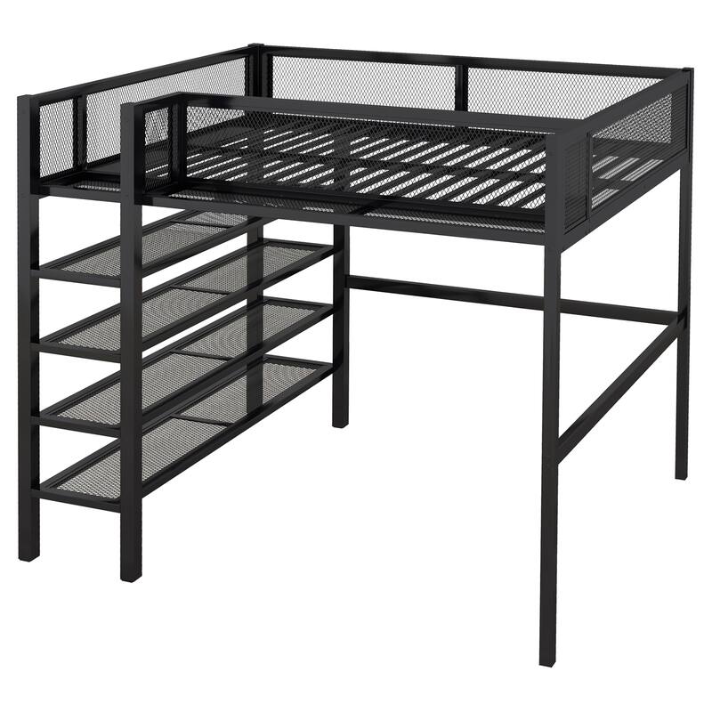 Twin/Full Metal Loft Bed with Built-in Desk, Shelves, and Storage, Modern Design