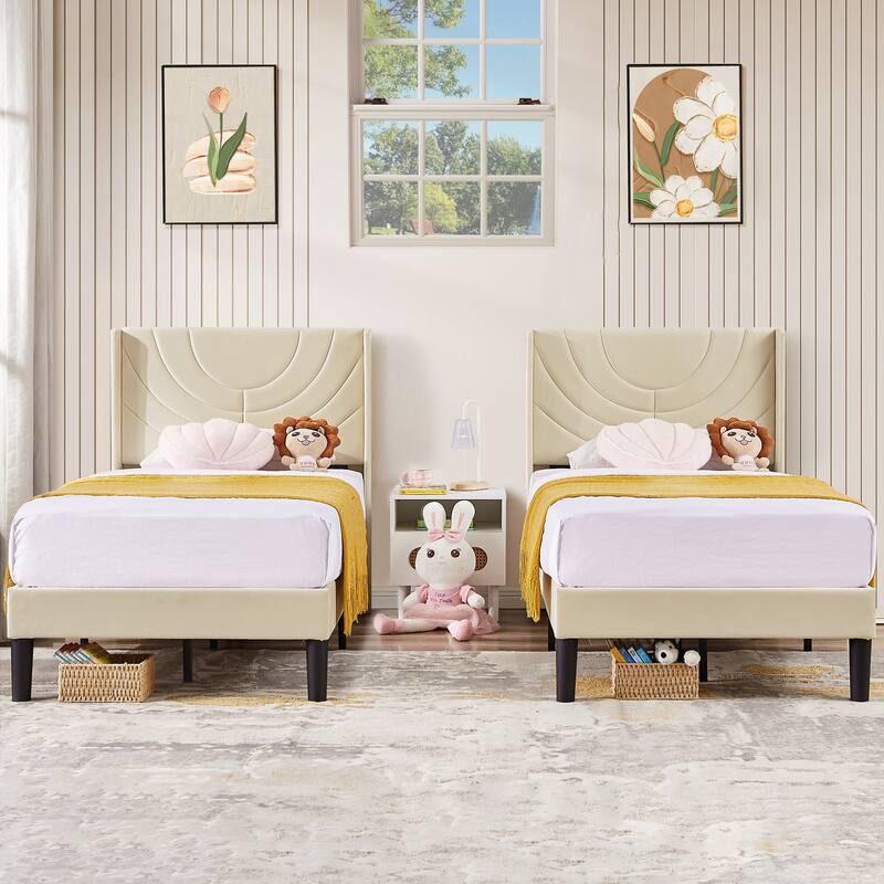 Kids Bed Frame, Height Adjustable Upholstered Bed, Twin Size Bed Set of 2