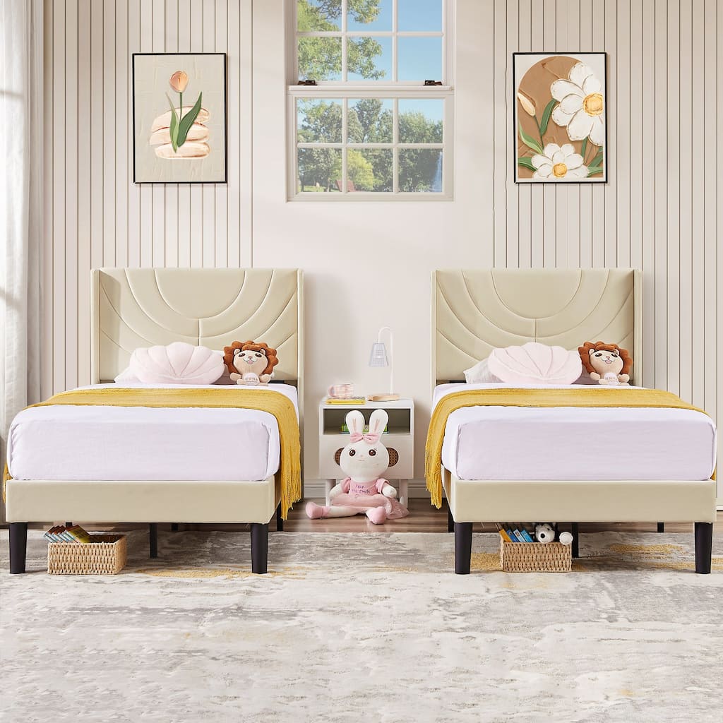Kids Bed Frame, Height Adjustable Upholstered Bed, Twin Size Bed Set of 2