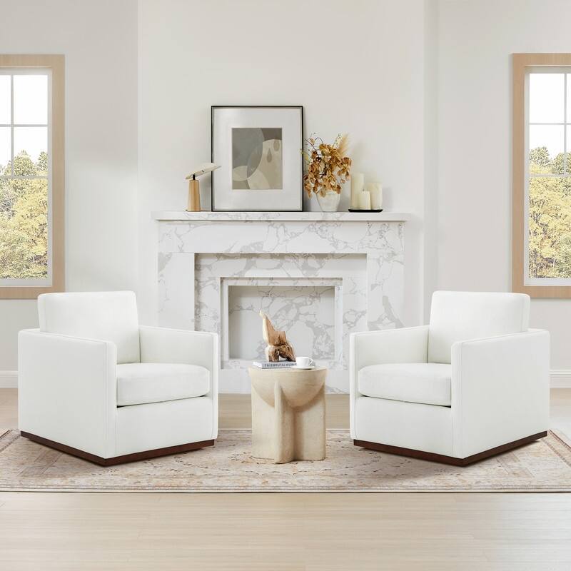 Spruce & Spring Modern Swivel Accent Chair with Wooden Base - Set of 2 - White-Leather