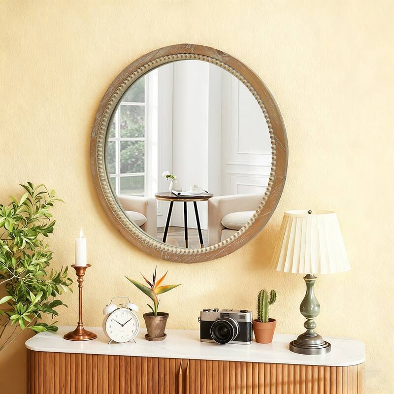 Round Distressed Wood Beaded Wall Mirror - Natural Wood
