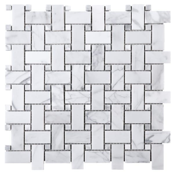 TileGen. 1" x 2" Basket Weave White Carrarra Marble Mosaic Tile in White Floor and Wall Tile (10 sheets/9.6sqft.). Opens flyout.