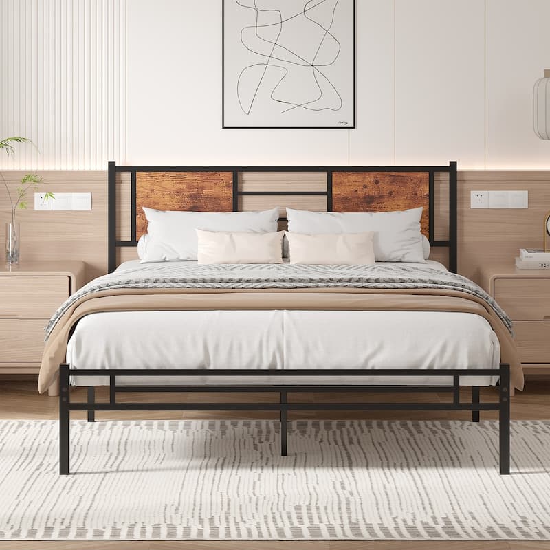 VECELO Platform Bed Frame with Wooden and Metal Headboard and Footboard, Heavy Duty 13 Metal Slats Support - Brown - Queen