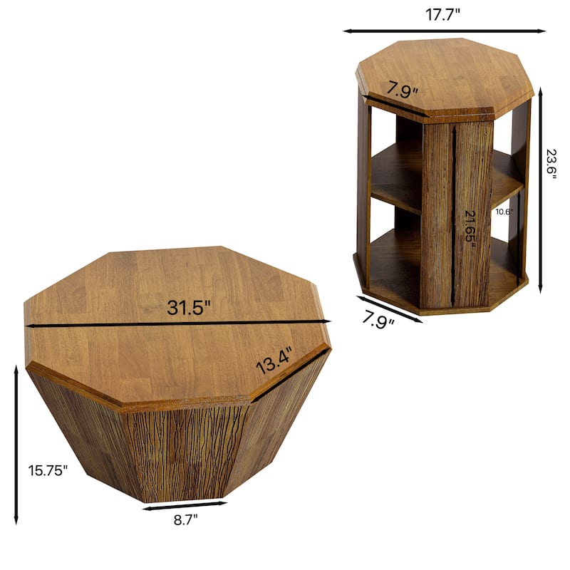 31.5" Octagonal Rubber wood Coffee Tables (Set of 2 Pieces)