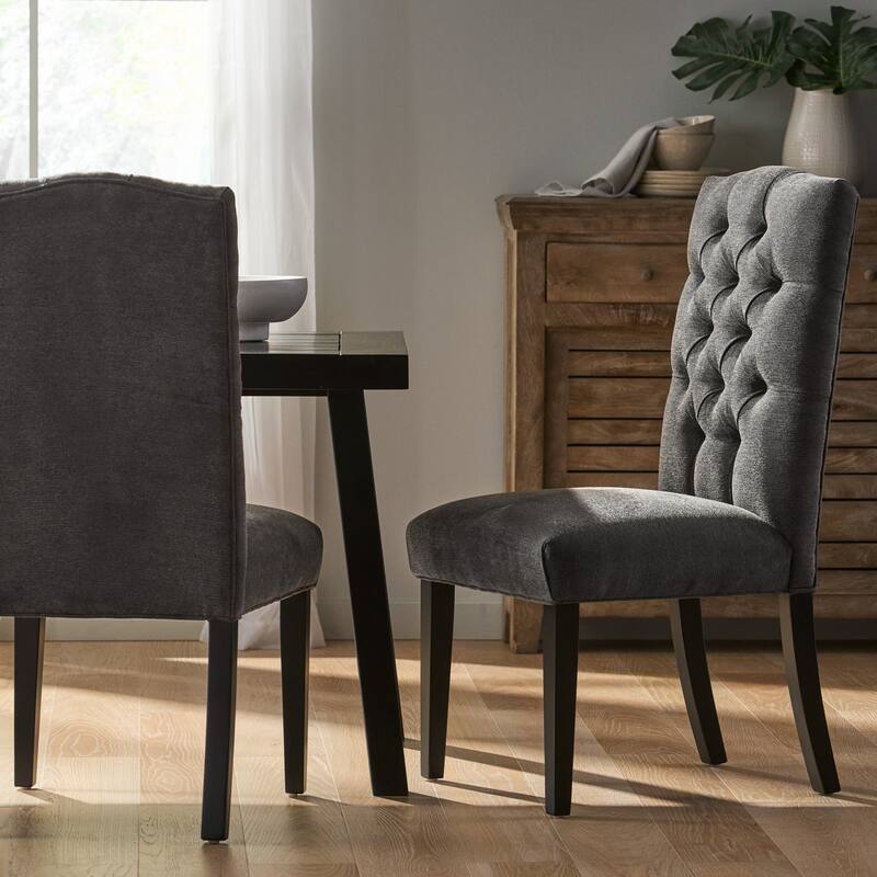 Modern Dining Chairs Tufted Dining Chairs with Tufted Back and Crown Top, for Dining Rooms, Set of 2, Dark Grey