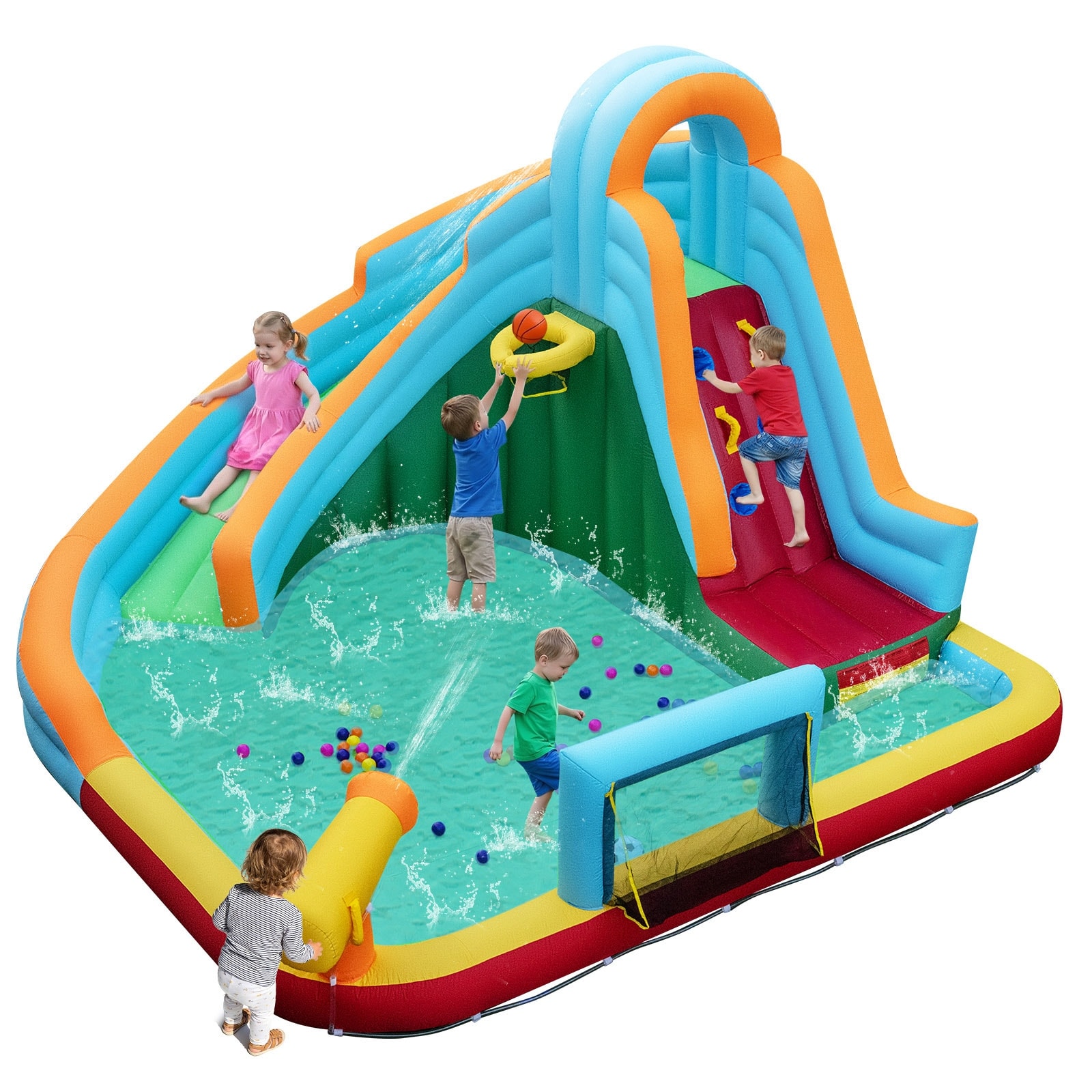 Gymax Inflatable Water Slide Park 6-in-1 Giant Bounce House w/Long - Multicolor