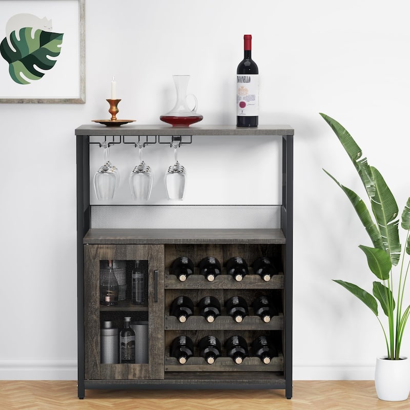 3-Tier Wine Bar Cabinet with LED Lights, Detachable Wine Rack and Storage Space, Small Liquor Bar Cabinet