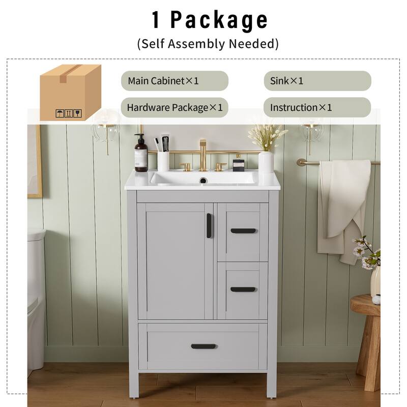 GDFStudio - Seren Bathroom Vanity with Ceramic Sink, Soft-Close Door, Shelf & 1 Drawer