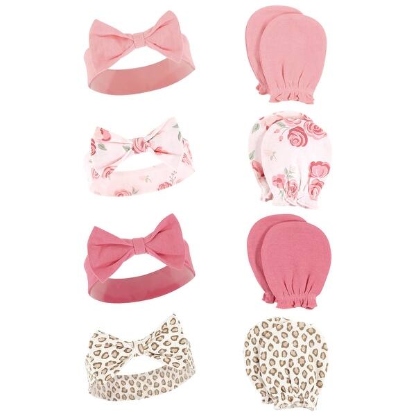 slide 1 of 1, Hudson Baby Infant Girl Cotton Headband and Scratch Mitten Set, Blush Rose Leopard, 0-6 Months - Blush Rose Leopard Blush Rose Leopard - 0-6 Months