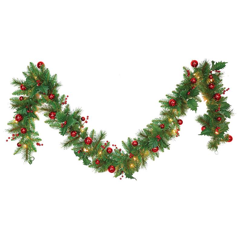 10 inch by 9 feet Garland with Red Balls and Berries, 160 Tips, 35 UL Lights