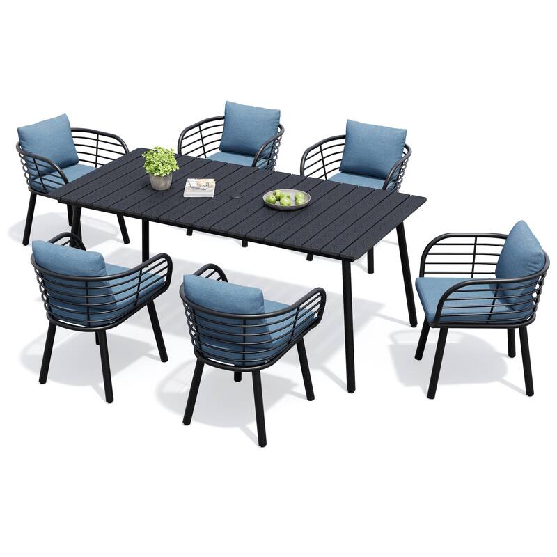 7-Piece Set Outdoor Aluminum Dining Table with Umbrella Hole and Cushioned Dining Chairs - Spectrum Denim