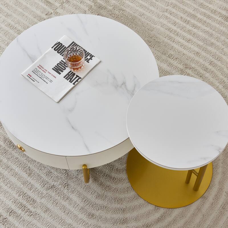 Modern Marble Nesting Table, Round Coffee Table Set of 2 End Table f Stacking Side Tables