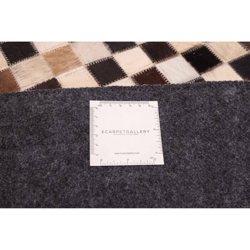 ECARPETGALLERY Handmade Cowhide Patchwork Dark Brown, Ivory Leather Rug - 7' x 7'