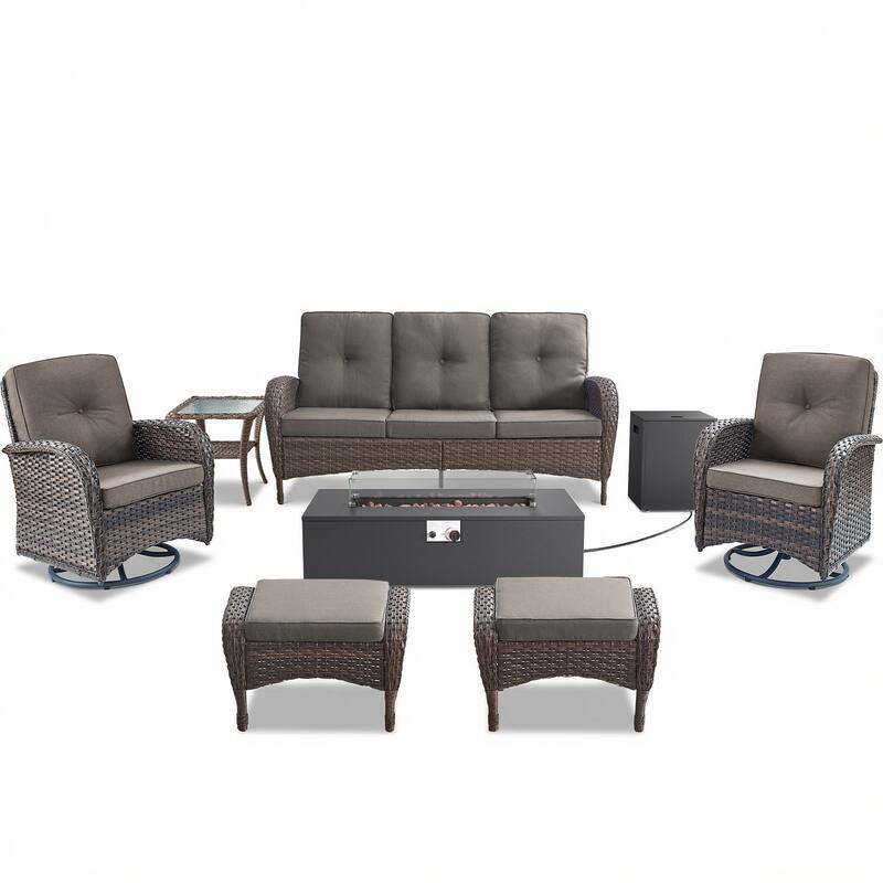 Pocassy 5/7 Piece Sofa Swivel Chair Ottoman with Fire Pit Table