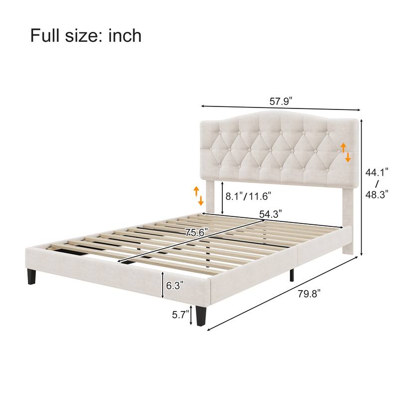 Upholstered Platform Bed with Saddle Curved Adjustable Headboard and Diamond Tufted Details