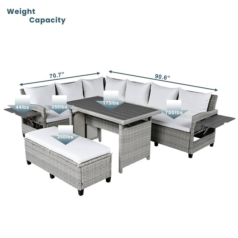5-Piece Outdoor Patio Rattan Sofa Set - L-Shaped PE Wicker Sectional with 2 Extendable Side Tables, Dining Table