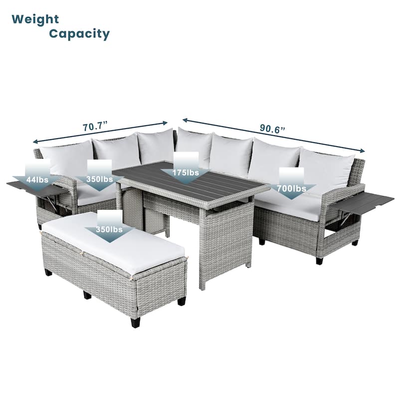 Roomfitters 5-Piece Outdoor Rattan Sofa Set, Patio Sectional Furniture with Dining Table, Storage Bench, Side Trays