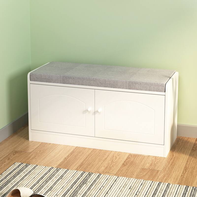 Shoe Storage Bench with 2 Door Cabinet, Entryway Bench with Shoe Storage, Shoe Bench with Cushion, Adjustable Shelves - White+gray