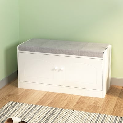 Shoe Storage Bench with 2 Door Cabinet, Entryway Bench with Shoe Storage, Shoe Bench with Cushion, Adjustable Shelves