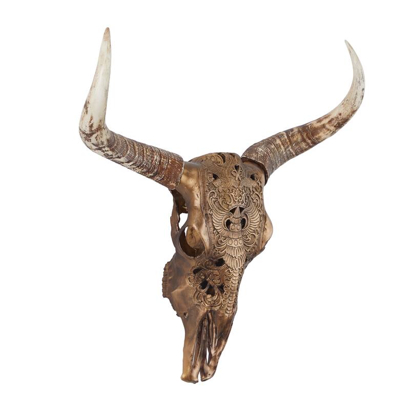 Rustic Polystone Carved Skull Cow Wall Decor - Brown or Bronze