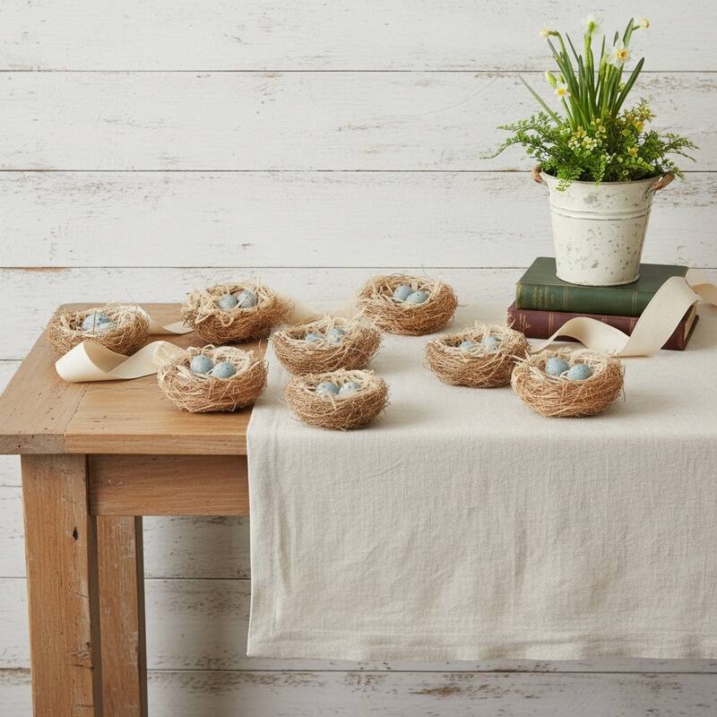 HomeRoots Set of Eight Brown And Blue Decorative Birds Nests With Eggs Sculptures - 2.35 in. x 1.40 in. x 2.45 in. - Brown/Blue - 2.35 in. x 1.40 in.  x 2.45 in.