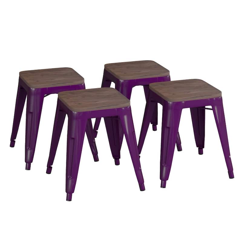 Set of 4 18" Table Height Indoor Stackable Metal Stool with Wood Seat