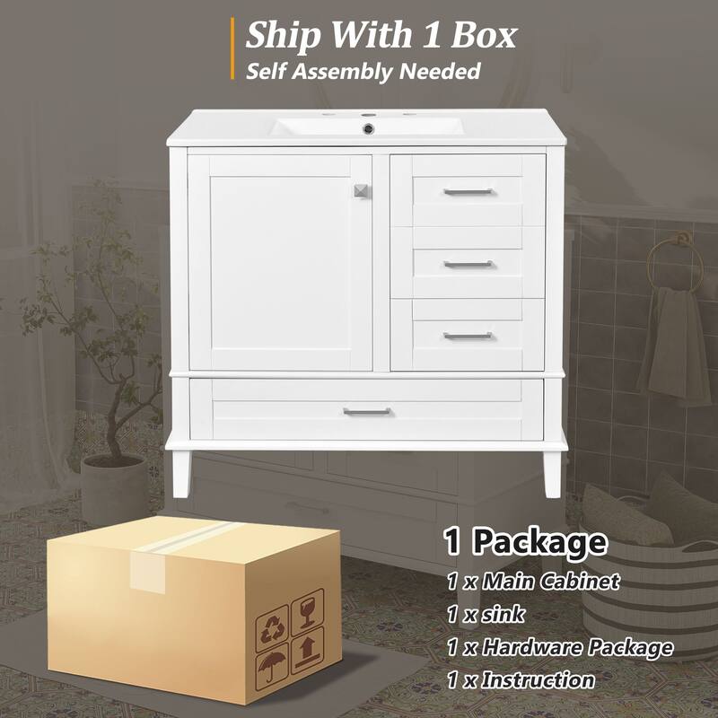 Elegant 36-Inch Bathroom Vanity with Undermount Ceramic Sink, Soft Close Storage Drawers, Silver Handles - Contemporary Look