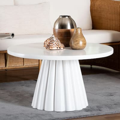 Parvana Round Coffee Table with Fluted Pedestal Base - Contemporary White Resin Accent Table for Living Room