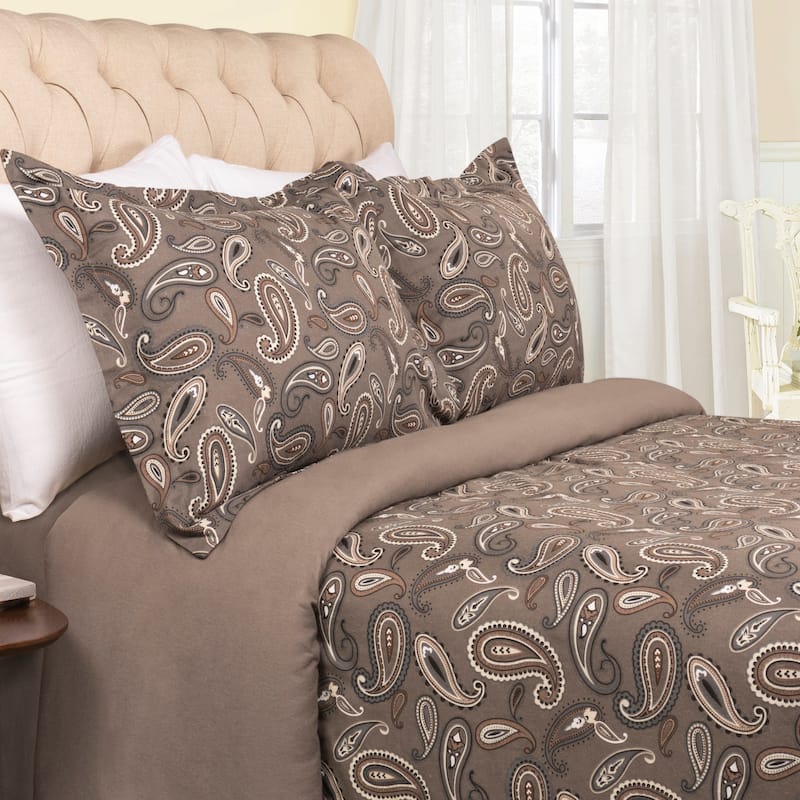 Vintage Floral Paisley Flannel Cotton Duvet Cover Set by Superior - Grey - Full - Queen