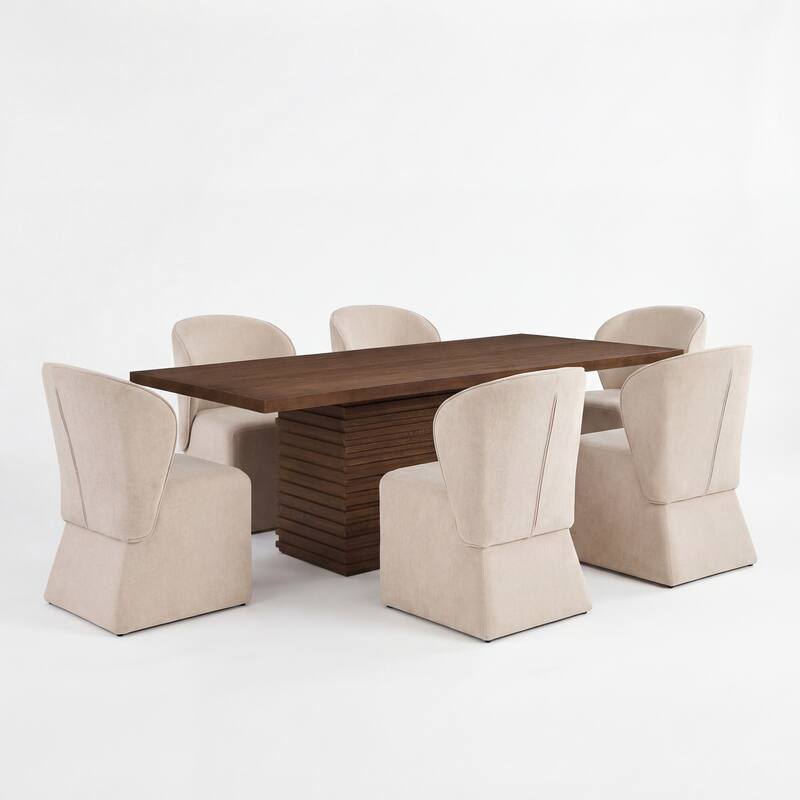 Christopher Knight Home - Eddie 7-Piece Upholstered Dining Set with 84" Rectangular Pillar Base Dining Table