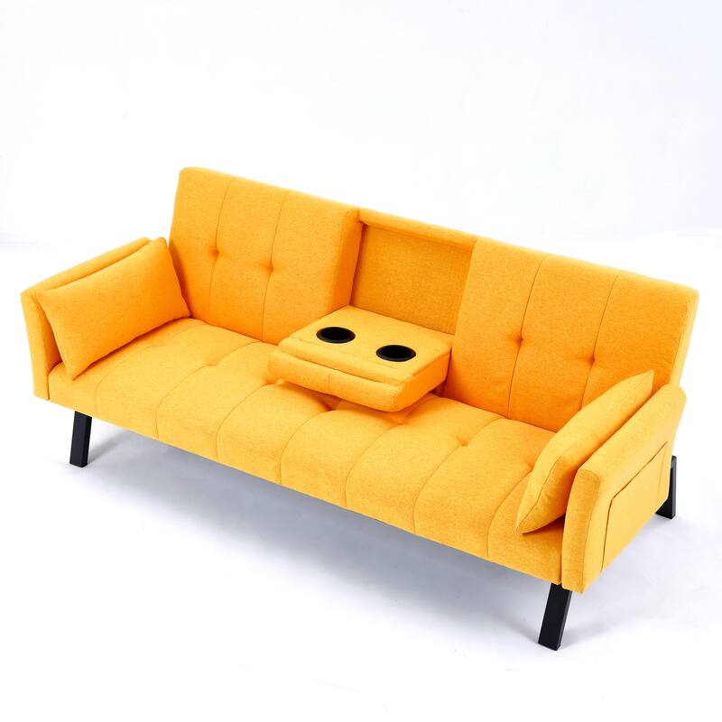 Cotton Linen Fabric Loveseat Sofa Sleeper Sofa Bed for Small Space with Center Table, Cup Holders, Pillows and Side Pockets