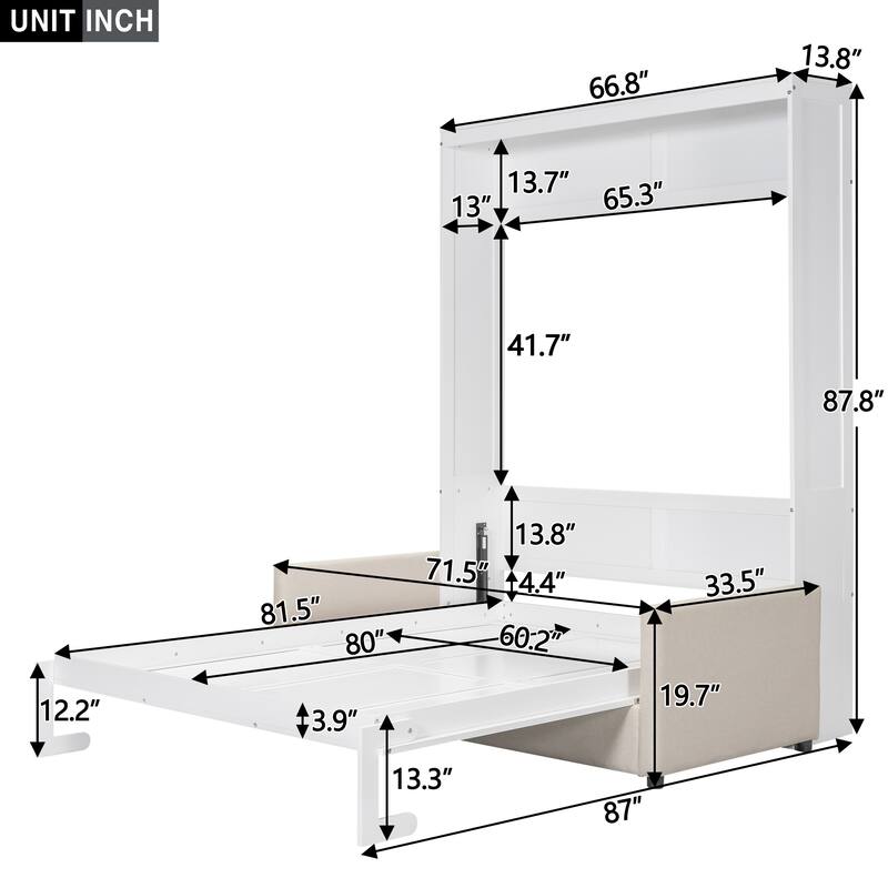 Queen Murphy Bed with Sofa, Built-in Storage, Folding Wall Bed with Pull-Down Design and Space-Saving Solution