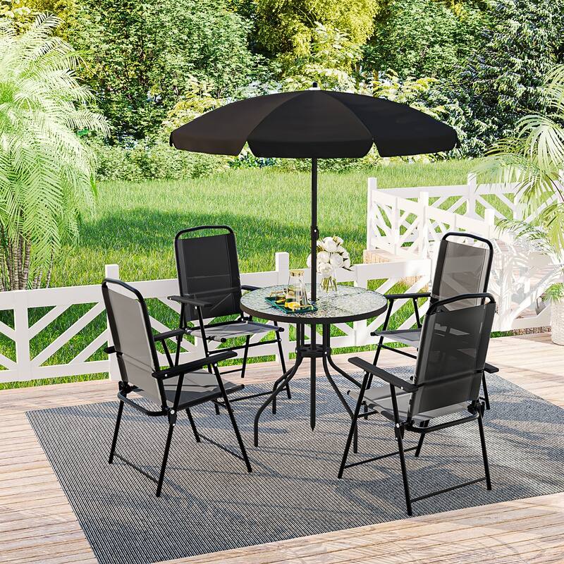 BOSSIN 6 Piece Foldable Metal Outdoor Dining Set with Umbrella, Table & Chairs for Deck, Lawn, Backyard