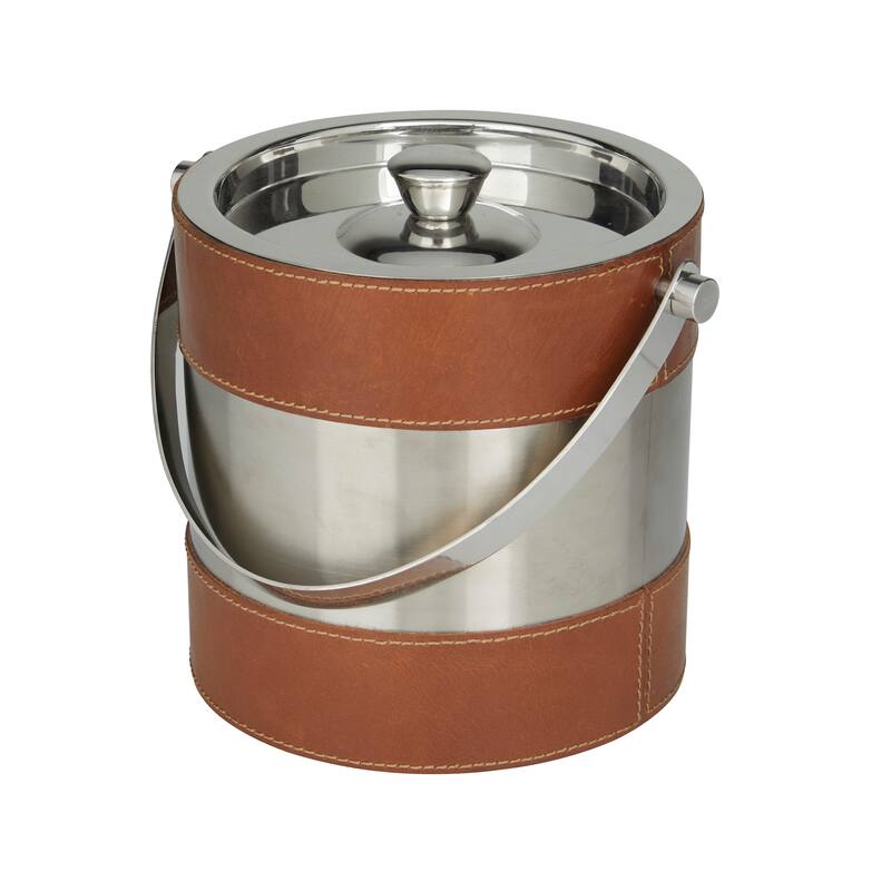 Leather Ice Bucket with Lid - 8 x 7 x 12