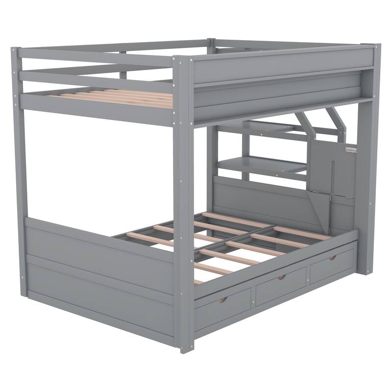 Full Size Convertible Bunk Bed with Storage Staircase, Bedside Table, and 3 Drawers, Gray