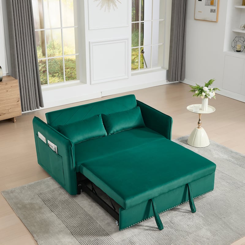 Small Convertible Sofa Bed, 55" Velvet Loveseat Couch with Pull-Out Bed, Pillows, Adjustable Backrest & Side Pockets