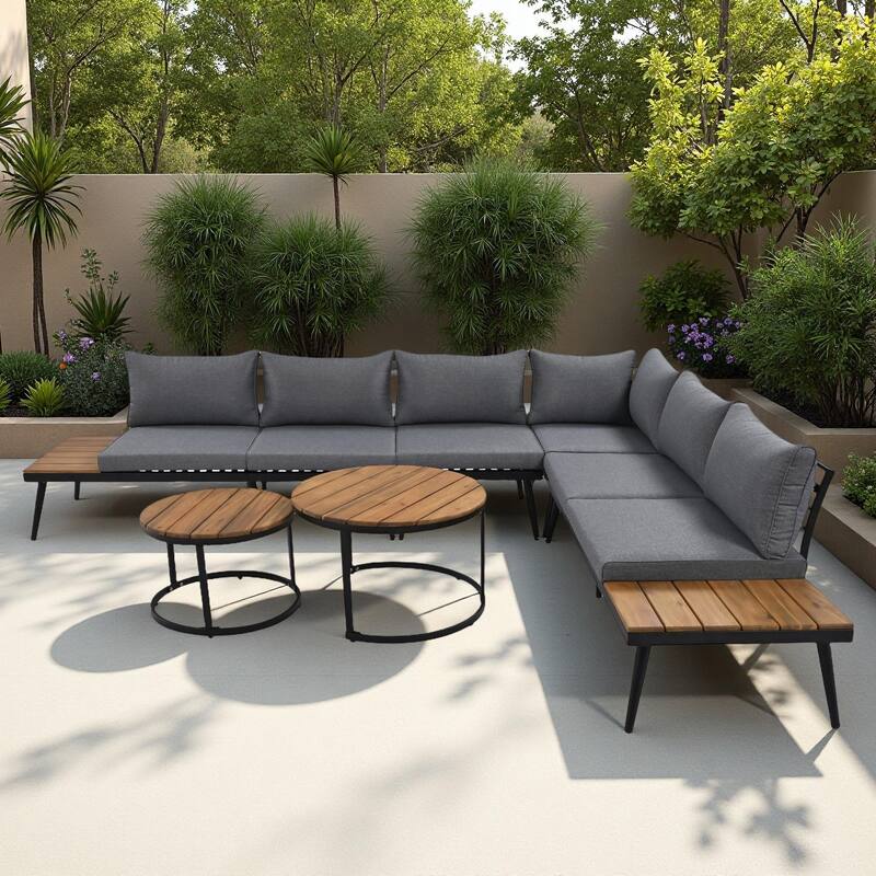 6-Piece Outdoor Patio Iron Modular Sectional Sofa Set with Nesting Coffee Tables and Side Storage Shelf - Grey