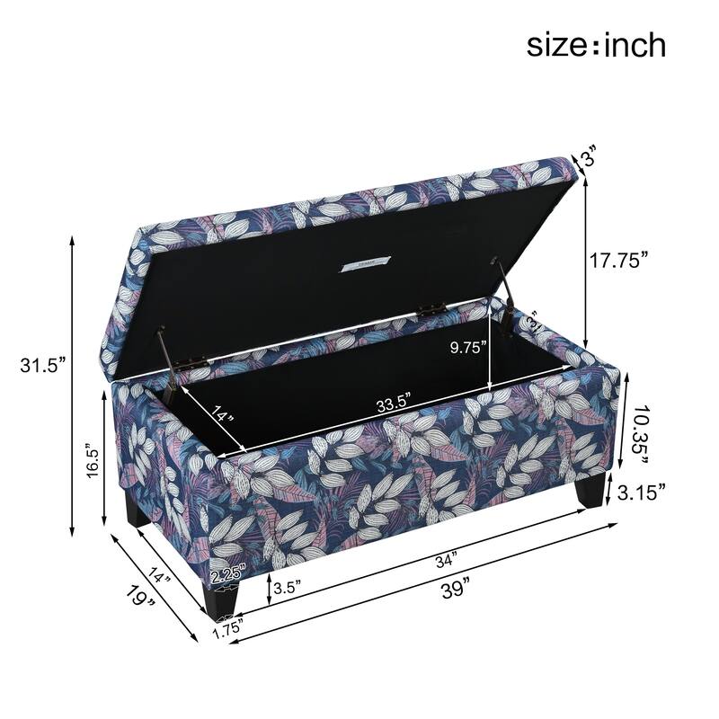 Luxury Storage Ottoman with Floral Patterned Fabric Soft-Close Hinges