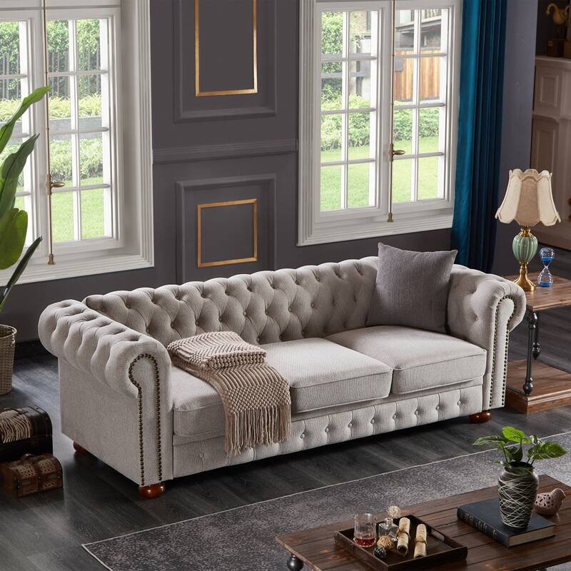 Chesterfield Sofa, 88.5" Upholstered Sofa Couch with Low Back, Roll Arm Nailhead Trim Classic 3 Seater Sofa for Living Room Home