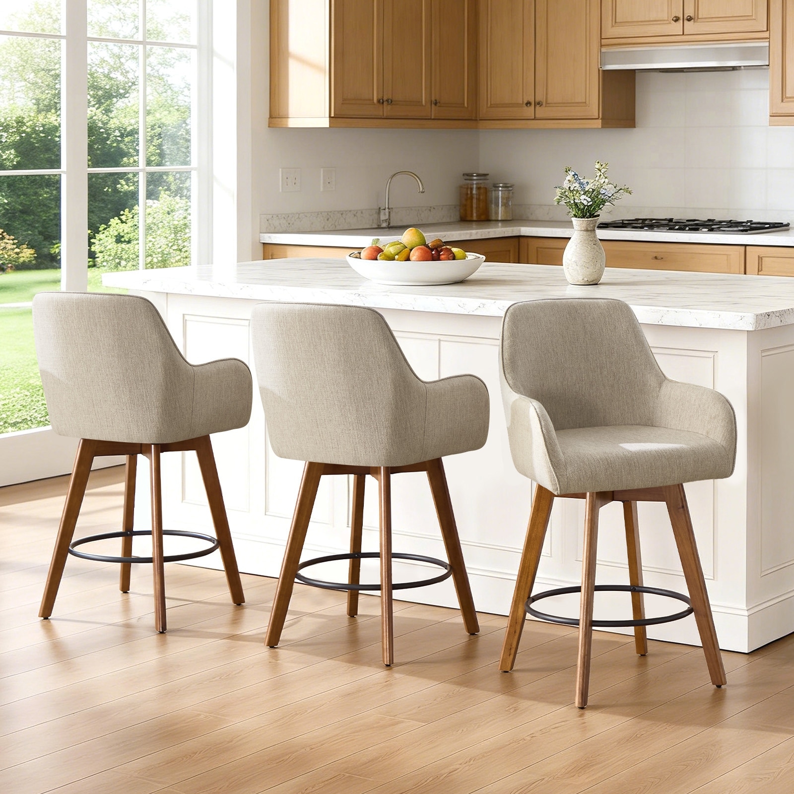 25" Upholstered Swivel Counter Stool with Arms and Solid Wood Legs