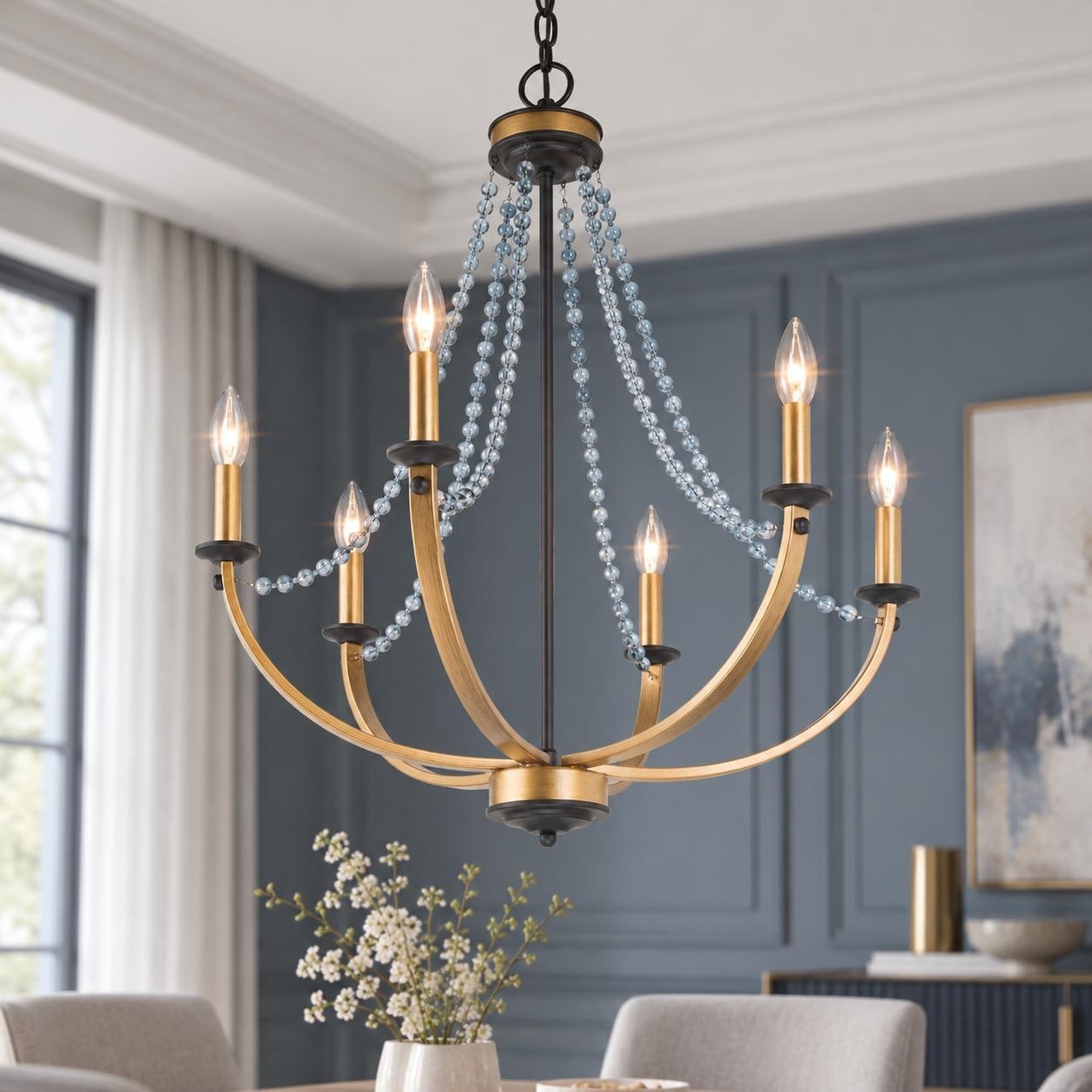 Mid-Century Modern Gold and Black 6-Light Crystal Beaded Chandelier for Dining Room Living Room - D25" x H28.5"
