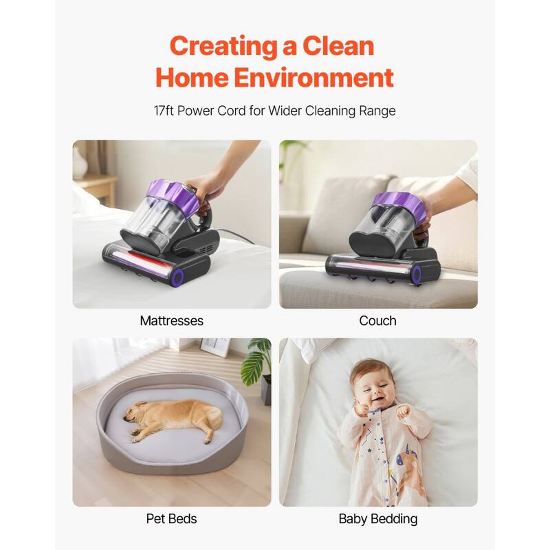 Mattress Vacuum Cleaner with 550W Motor, 18KPa Suction - 10.6 x 9.1 x 8.3 in