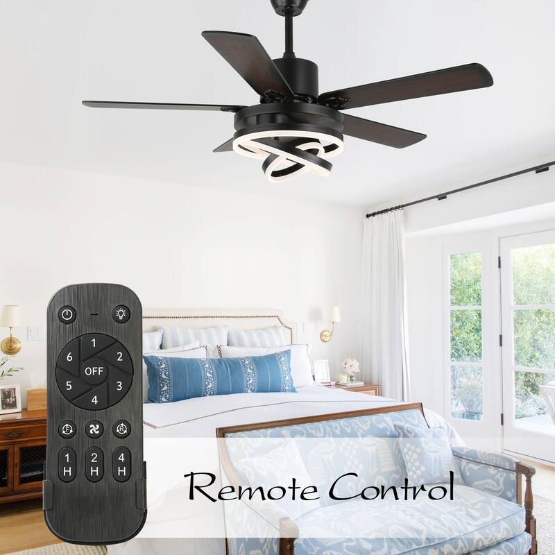 52Inch Modern DIY Shape Reversible Ceiling Fan with LED Light, 6-Speed Ceiling Fan with Remote for Large Room - 52 Inches