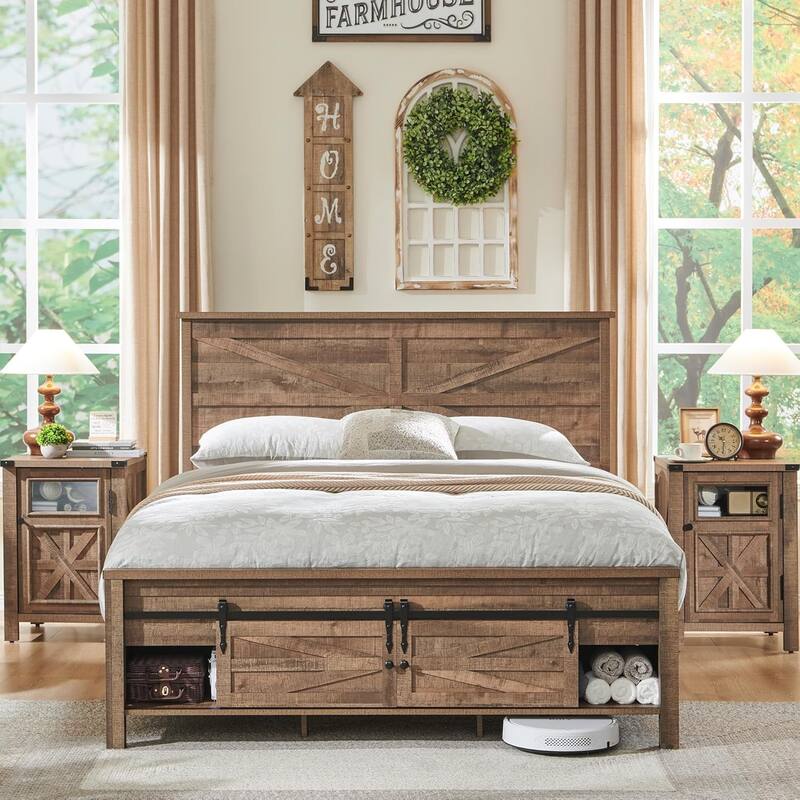 Farmhouse Queen Size Wood Bed Frame , with Cabinets and Headboard - Warm Brown